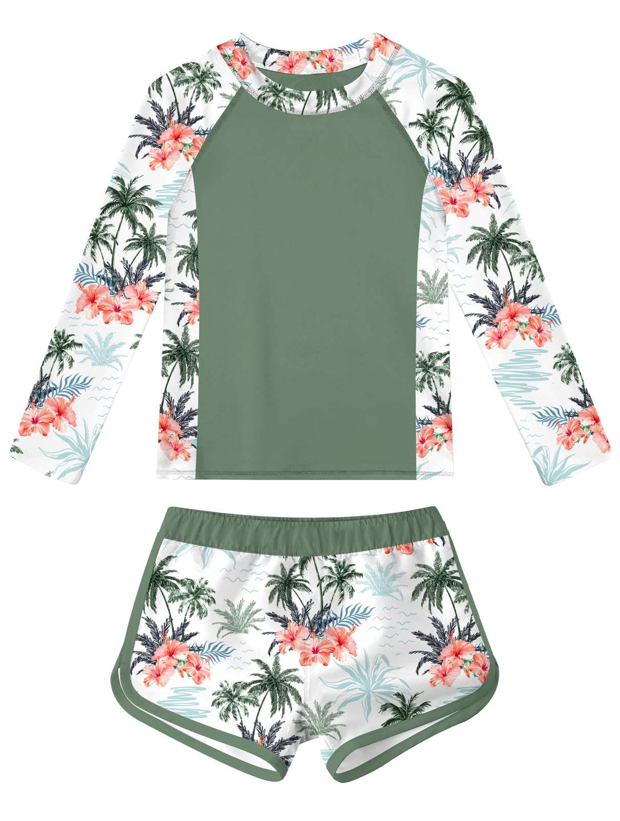 Idgreatim Girls Rash Guard Swimsuit Teens Two Piece Bathing Suit Long Sleeve Swimwear Size 7-16T
