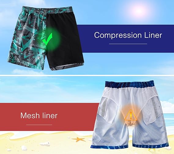 Cozople Boys Swim Trunks with Boxer Brief Liner Compression Swimwear Quick Dry Swim Shorts Bathing Suits 7-20 Years