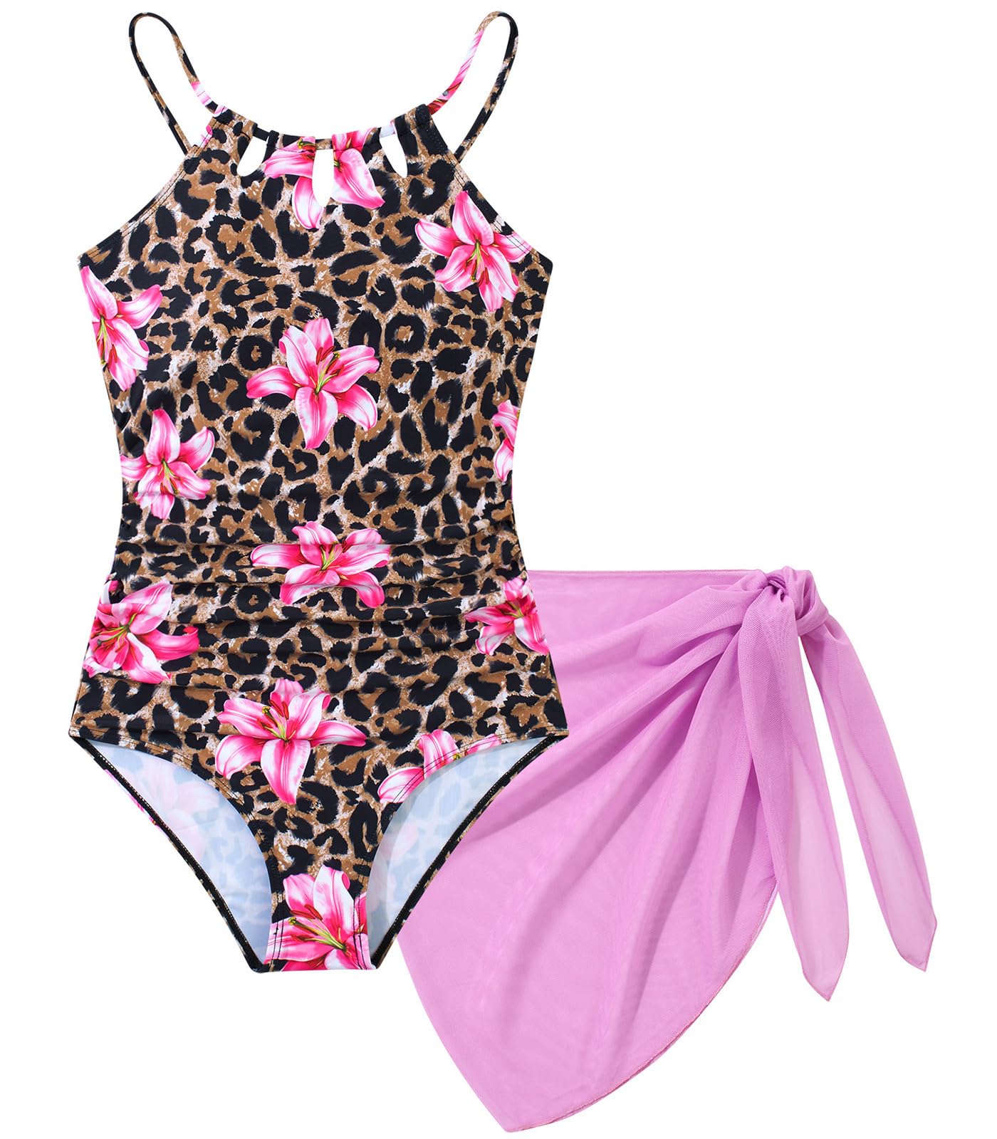 Girls Swimsuit One-Piece Bathing Suit with Mesh Cover Ups Adjustable Straps Cut Out Swimwear Size 7-16