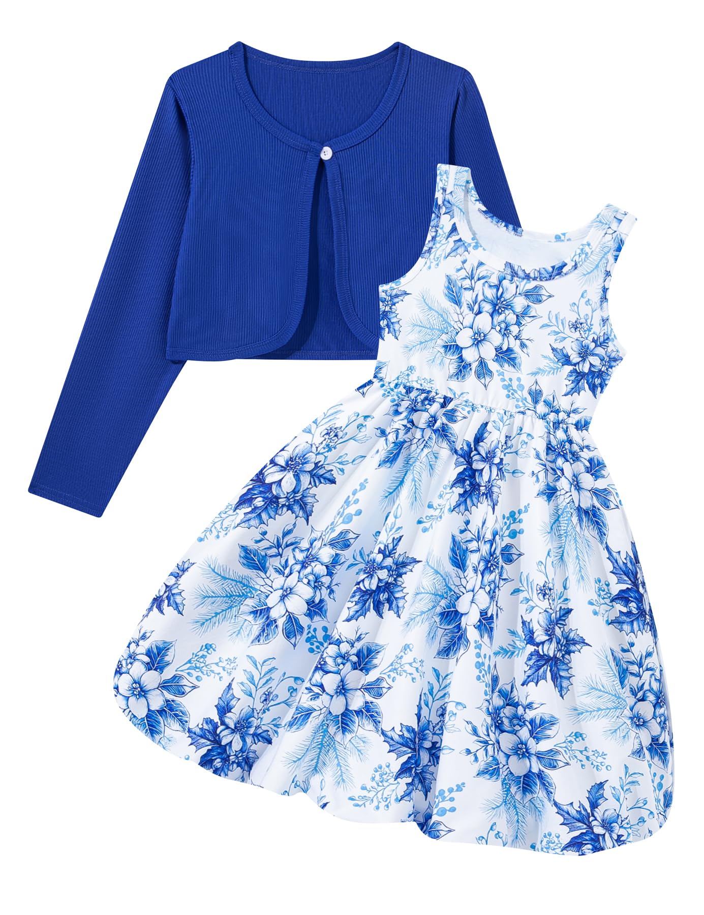 RAISEVERN 7-14Y Girls Bubble Dress with Pockets and Cardigan 2 Piece Set | Tween Trendy Clothes, Kids Graduation Dresses for Girl, Skin-Friendly Fabric, Ideal for Gift, Picture Day Outfits for School