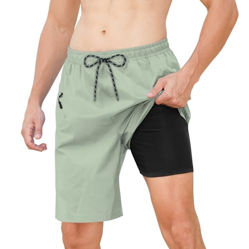 Cozople Mens Swim Trunks with Compression Liner 2-in-1 Quick Dry 9 Inch Board Shorts with Zipper Pockets