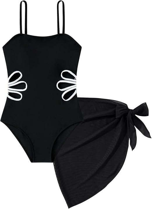 Girls Swimsuit Cut Out One Piece Bathing Suit Adjustable Straps Swimwear with Cover Up Skirt Size 9-16