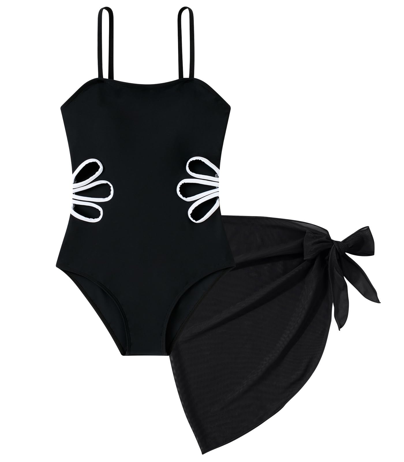 Girls Swimsuit Cut Out One Piece Bathing Suit Adjustable Straps Swimwear with Cover Up Skirt Size 9-16
