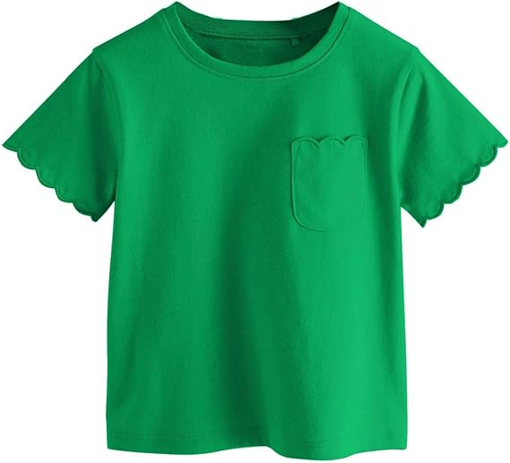 Girls Scalloped Edged T-Shirts with Pocket 3-6 Years Casual Cotton Tee Tops Blouse