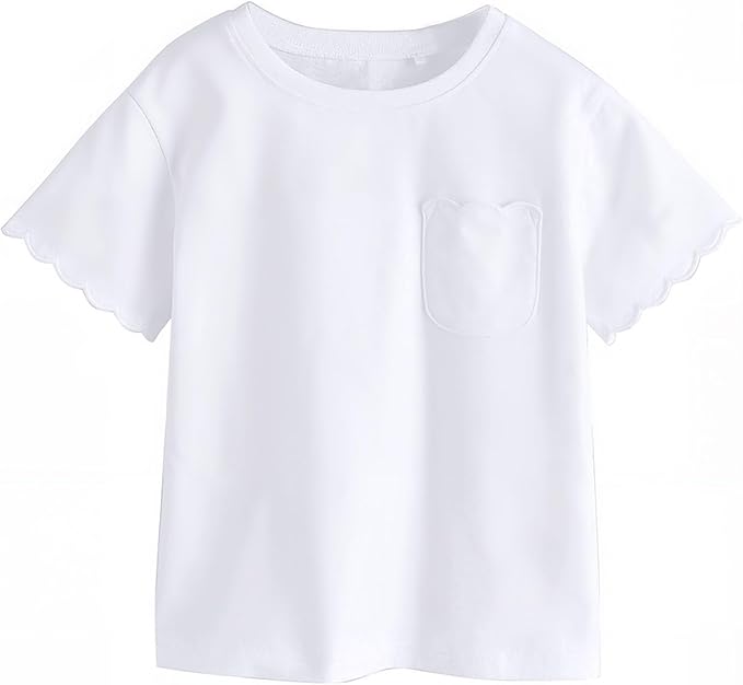 Girls Scalloped Edged T-Shirts with Pocket 3-6 Years Casual Cotton Tee Tops Blouse