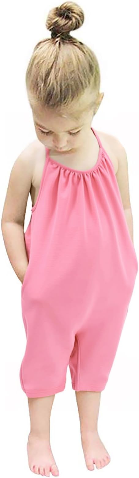 Backless Strap Slouch Jumpsuit for Toddler Girls Cute Harem Halter Romper Pants with Pockets
