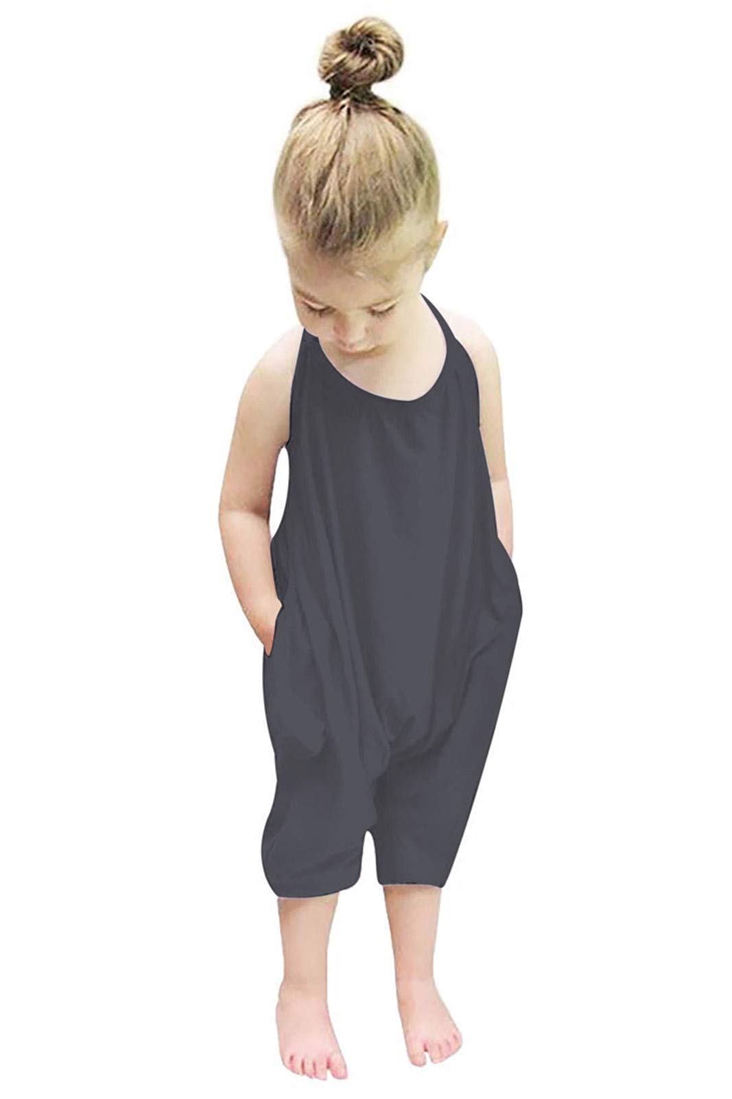 Backless Strap Slouch Jumpsuit for Toddler Girls Cute Harem Halter Romper Pants with Pockets