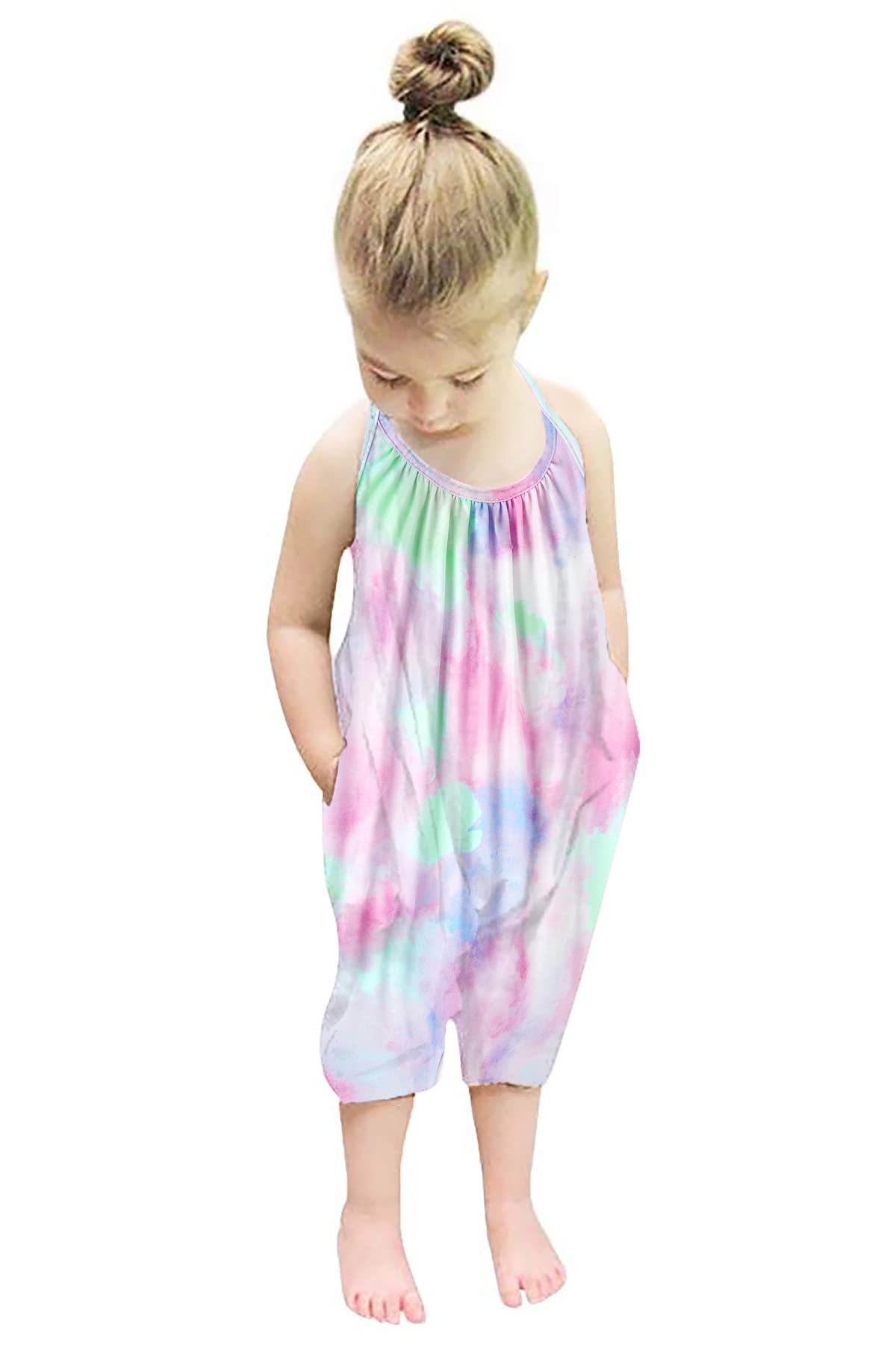 Backless Strap Slouch Jumpsuit for Toddler Girls Cute Harem Halter Romper Pants with Pockets