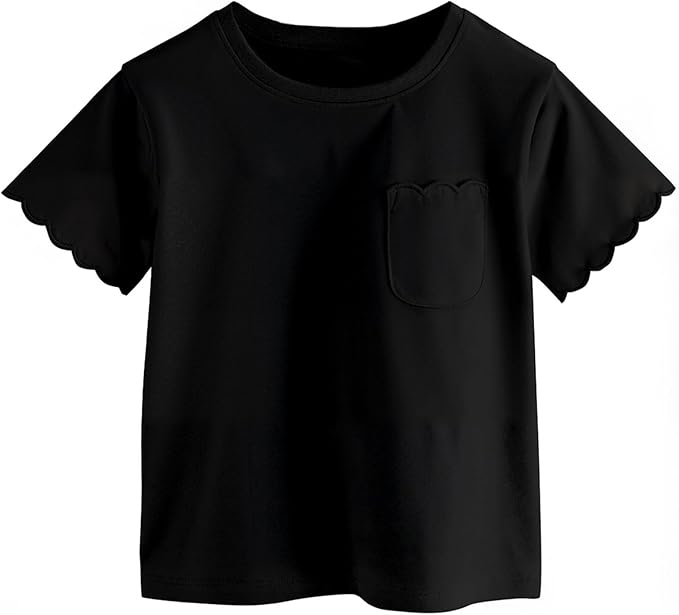 Girls Scalloped Edged T-Shirts with Pocket 3-6 Years Casual Cotton Tee Tops Blouse