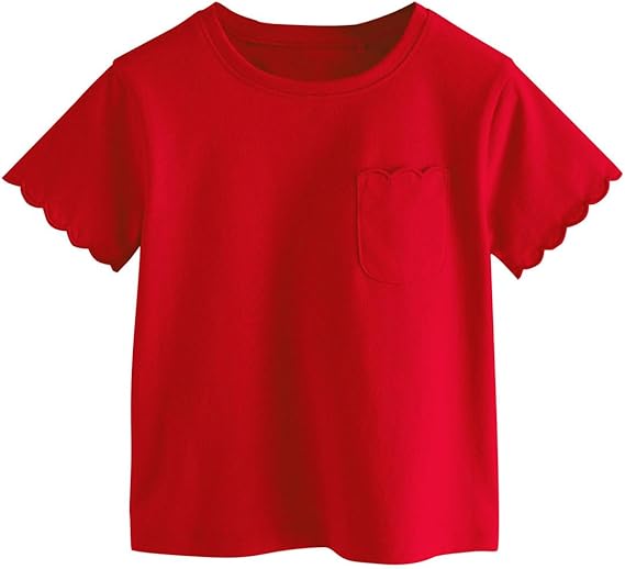 Girls Scalloped Edged T-Shirts with Pocket 3-6 Years Casual Cotton Tee Tops Blouse