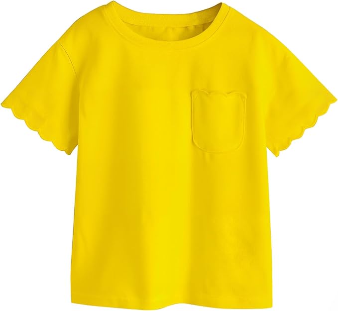 Girls Scalloped Edged T-Shirts with Pocket 3-6 Years Casual Cotton Tee Tops Blouse