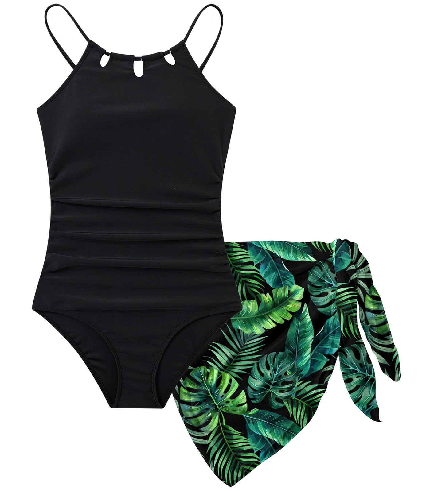 Girls Swimsuit One-Piece Bathing Suit with Mesh Cover Ups Adjustable Straps Cut Out Swimwear Size 7-16