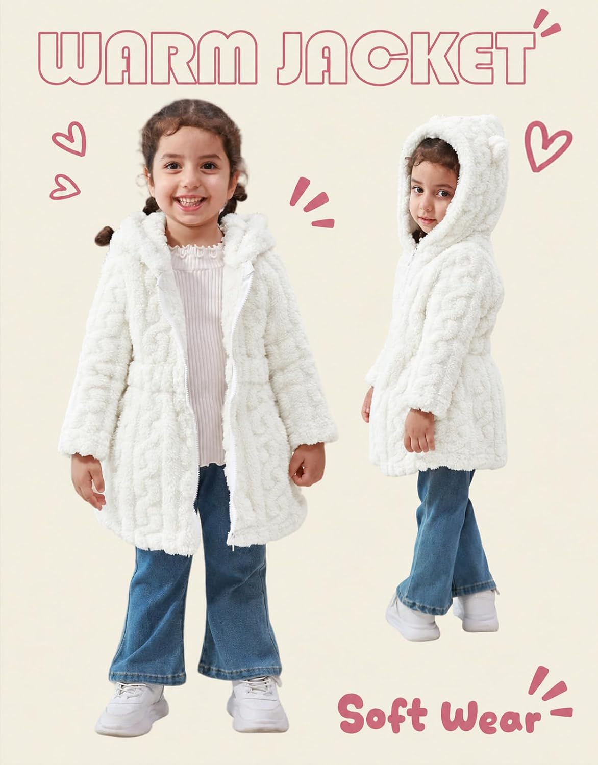 Toddler Girls Fleece Jacket Hooded Zip-up Warm Coats 2-6 Years