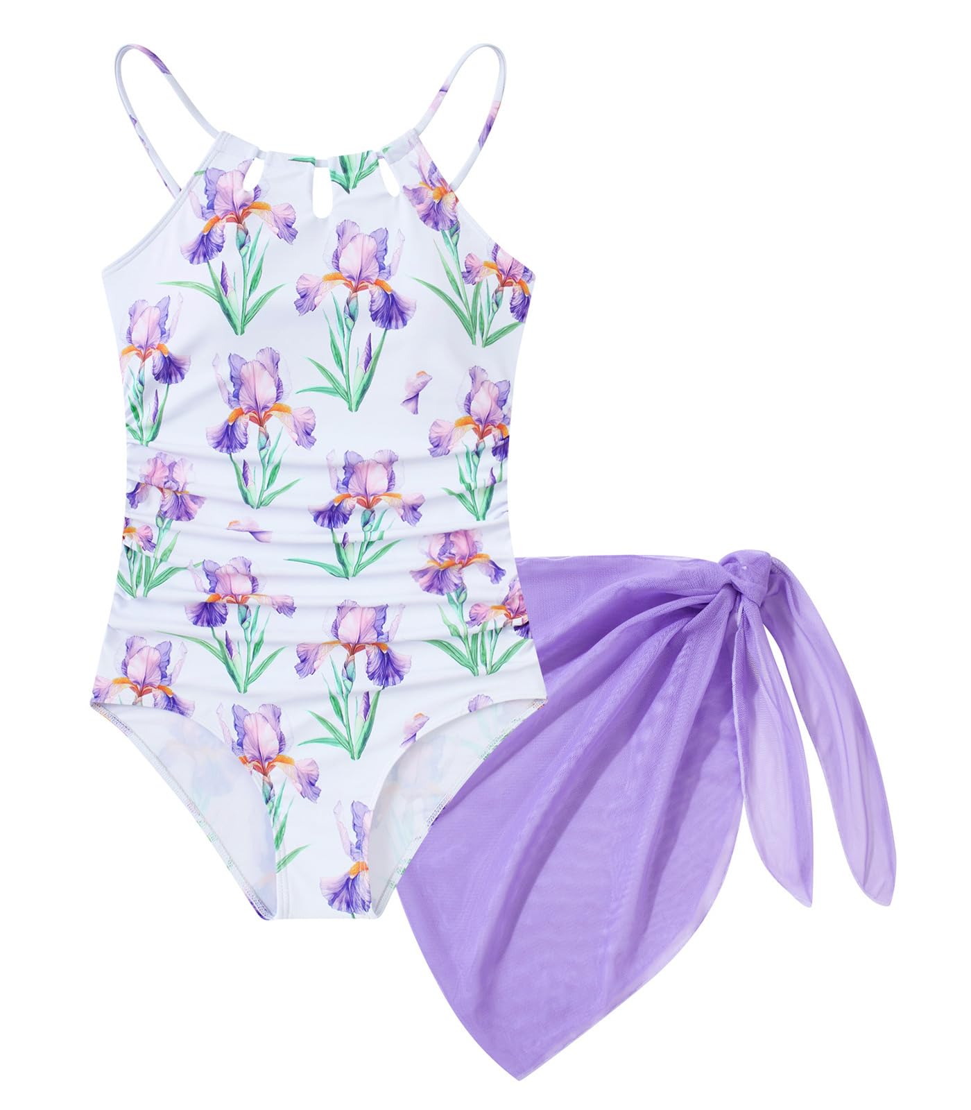 Girls Swimsuit One-Piece Bathing Suit with Mesh Cover Ups Adjustable Straps Cut Out Swimwear Size 7-16