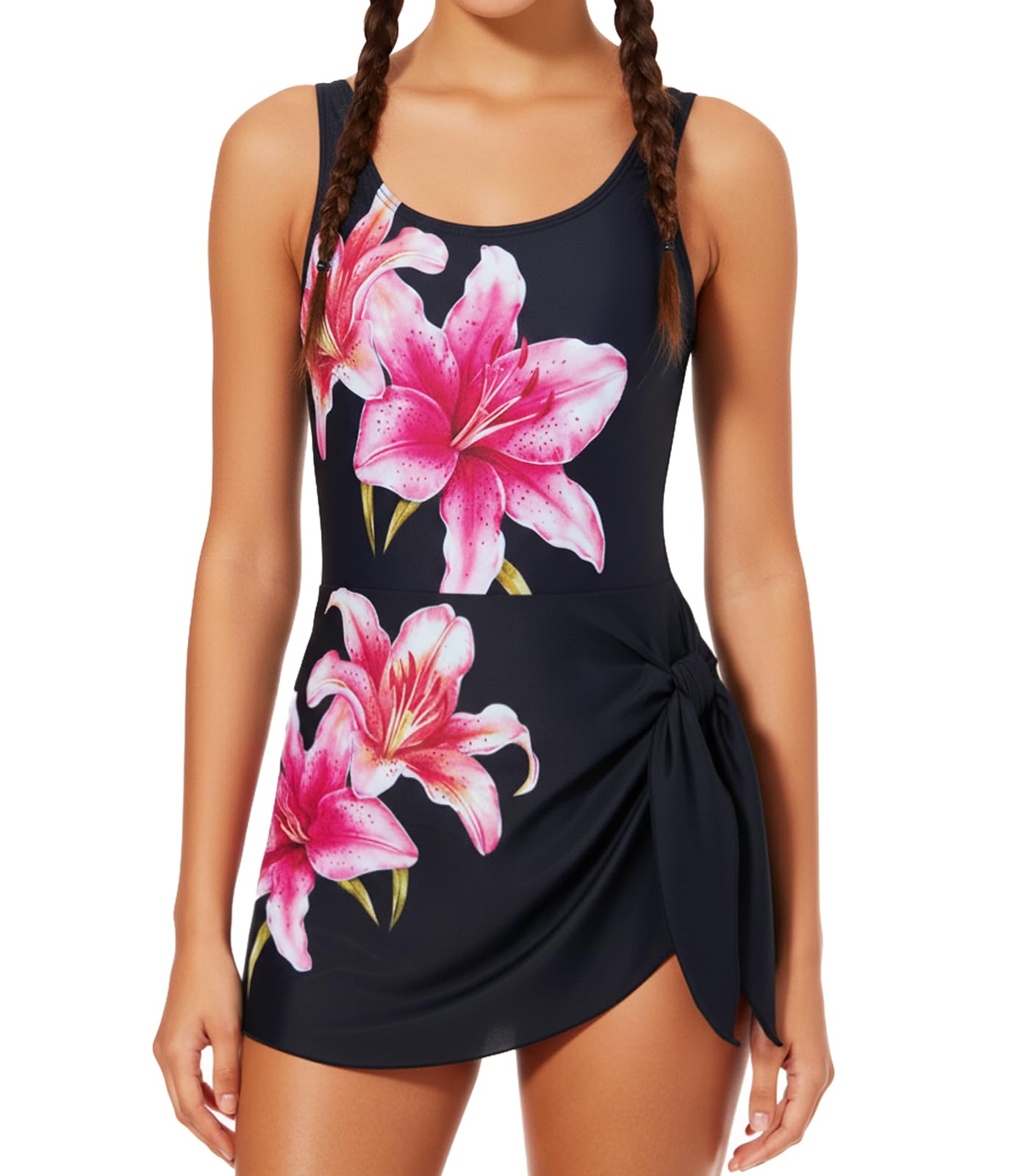 Girl Swimsuit One Piece Swim Dress Adjustable Straps Bathing Suit with Bottom Size 9-16