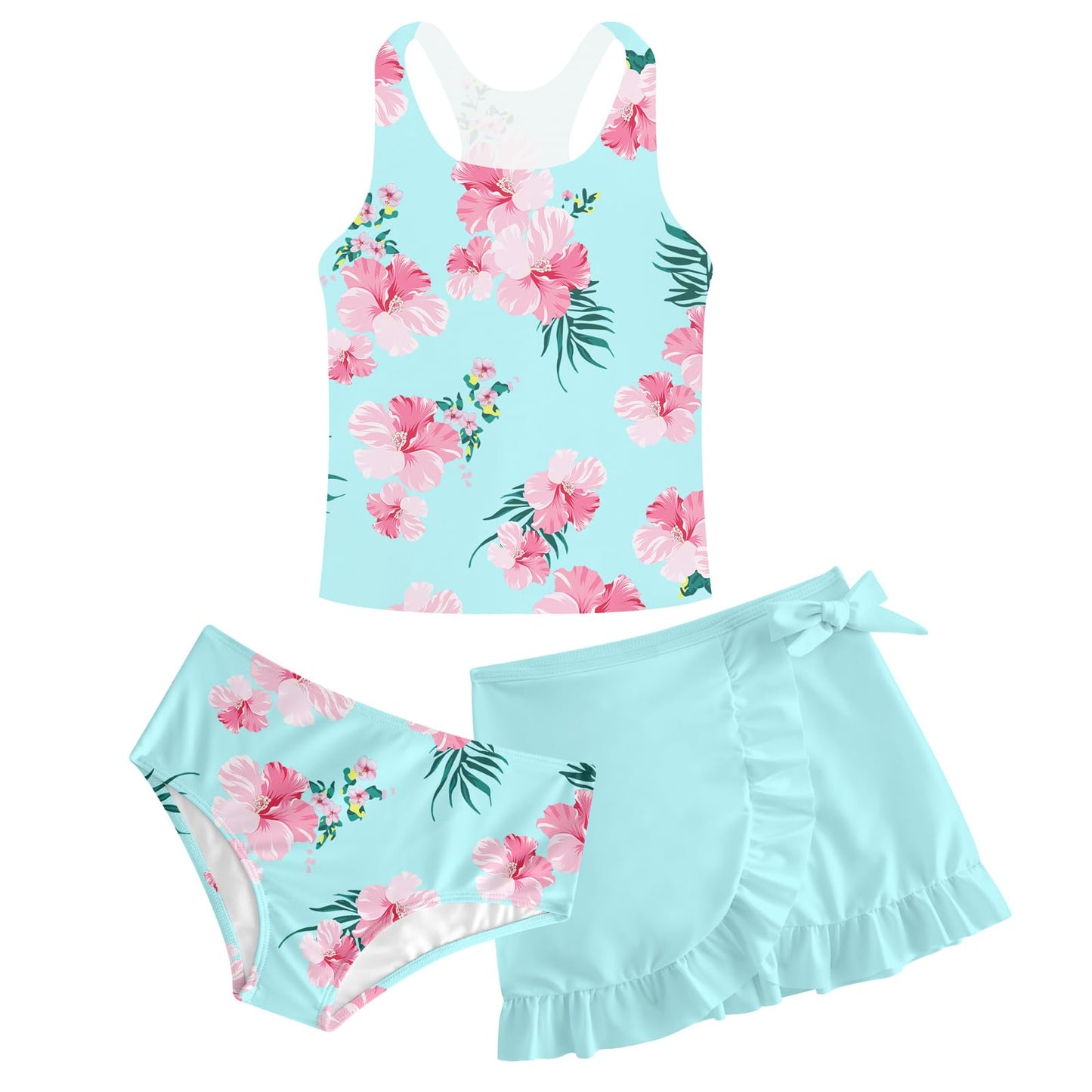 Girls Swimsuits 3 Piece Tankini Bathing Suit Set Cute Bikini Swimwear with Cover Ups Beach Skirt 5-16 Years