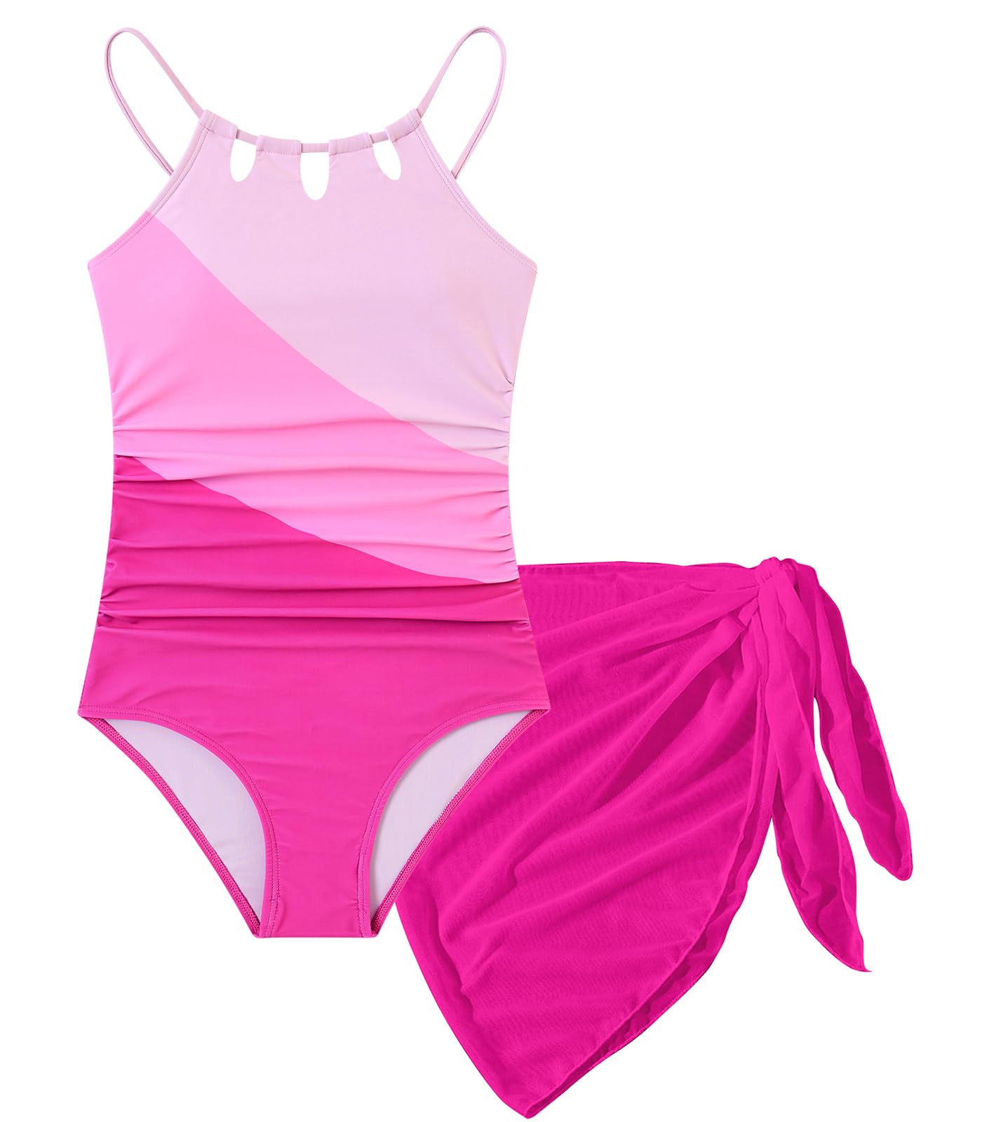 Girls Swimsuit One-Piece Bathing Suit with Mesh Cover Ups Adjustable Straps Cut Out Swimwear Size 7-16