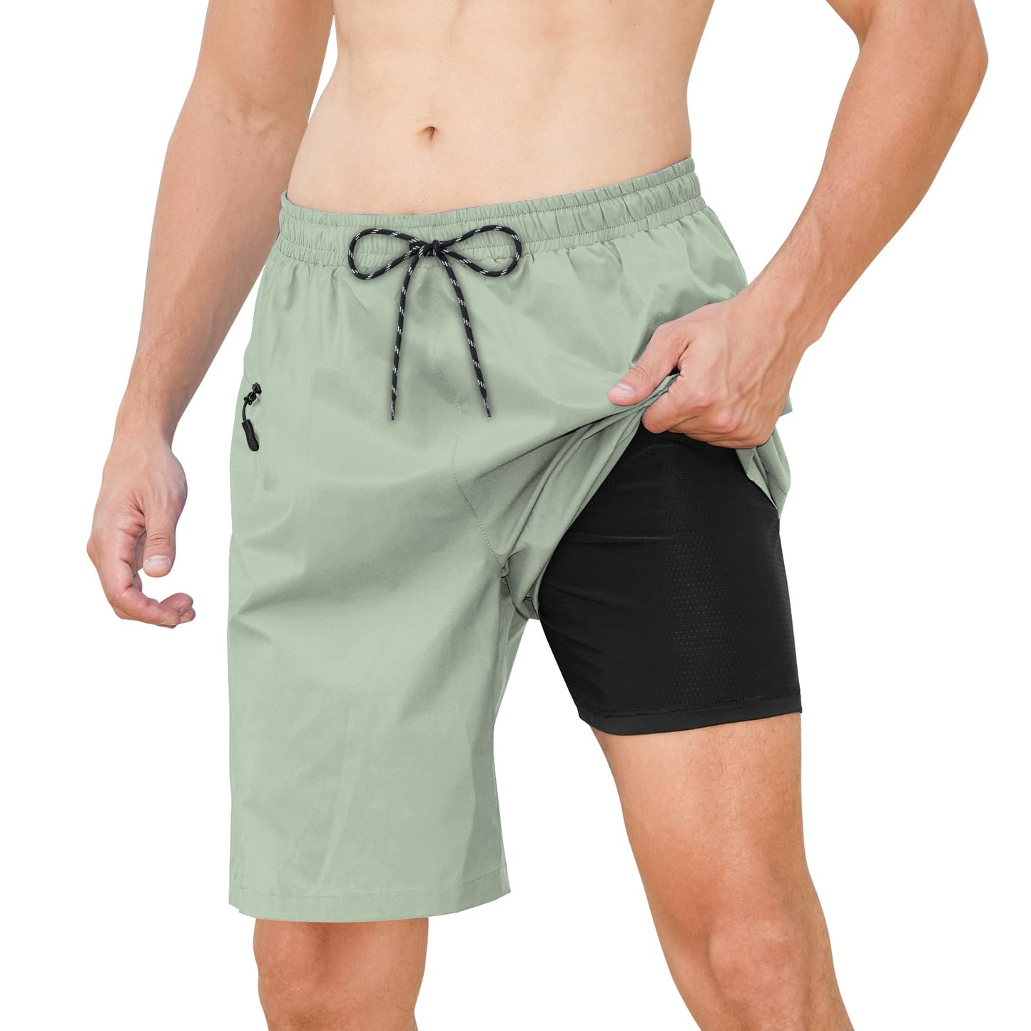 Cozople Mens Swim Trunks with Compression Liner 2-in-1 Quick Dry 9 Inch Board Shorts with Zipper Pockets