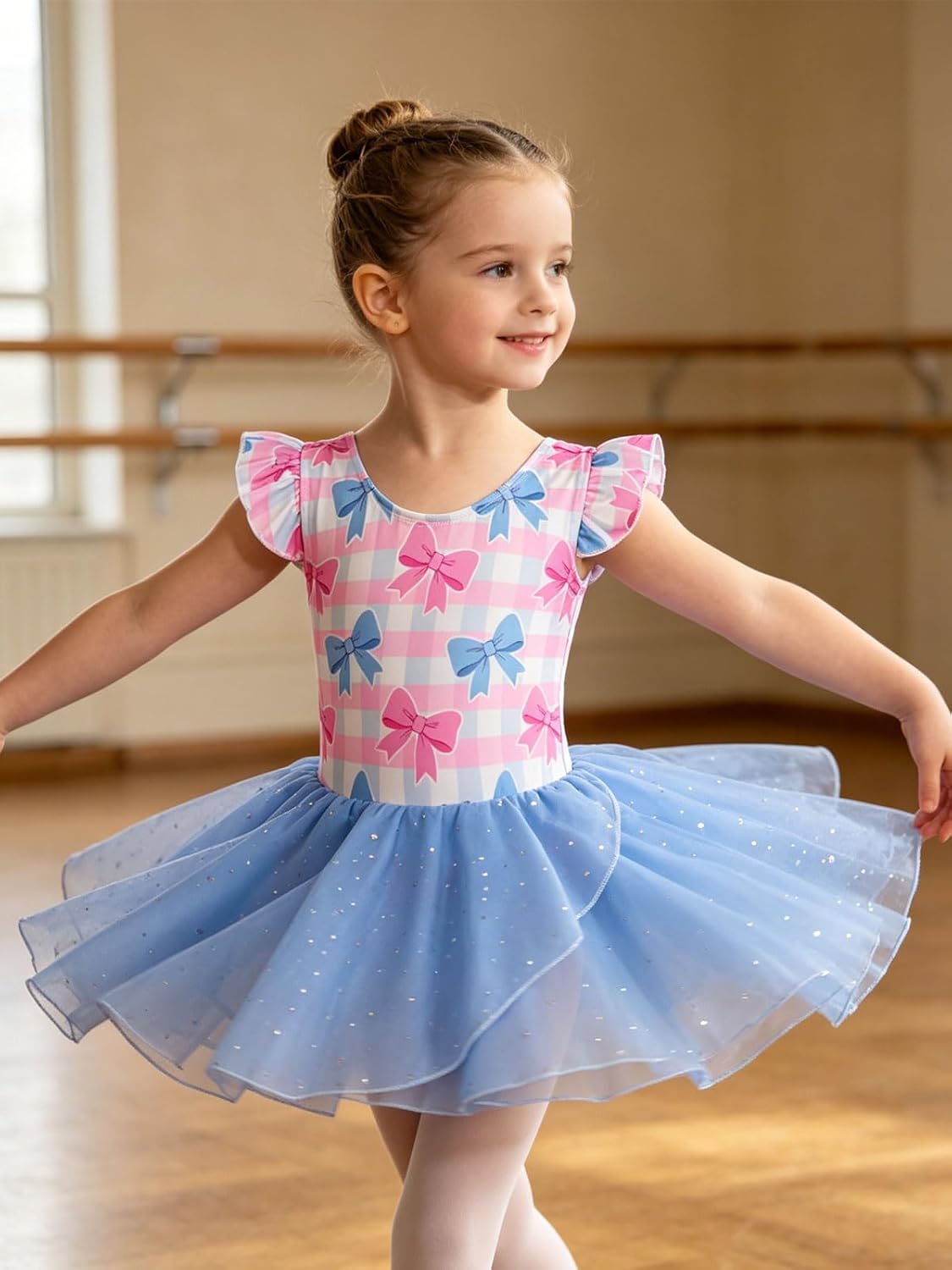 Funnycokid Girls Ruffle Sleeve Ballet Dance Leotard with Sparkly Chiffon Skirted Ballerina Outfit 2-9 Years