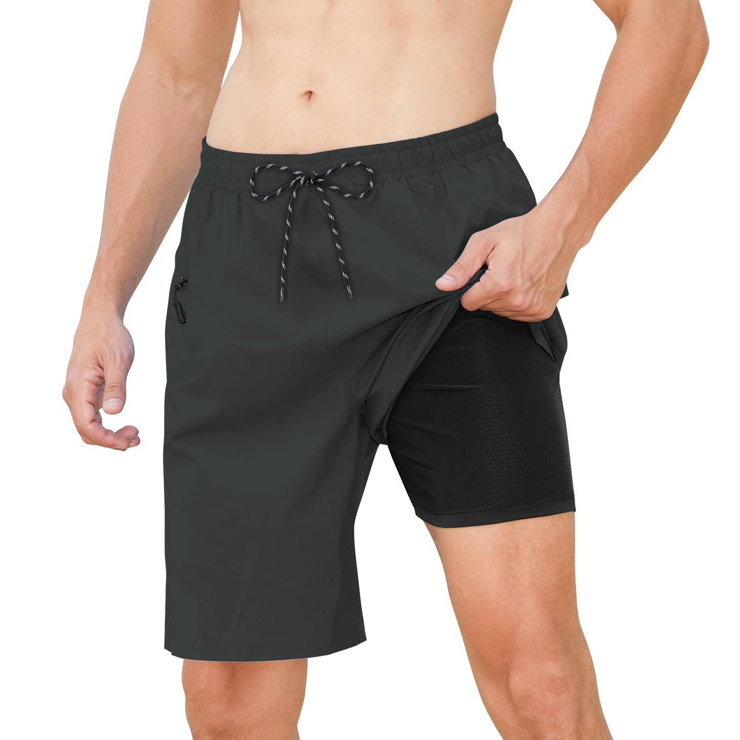 Cozople Mens Swim Trunks with Compression Liner 2-in-1 Quick Dry 9 Inch Board Shorts with Zipper Pockets