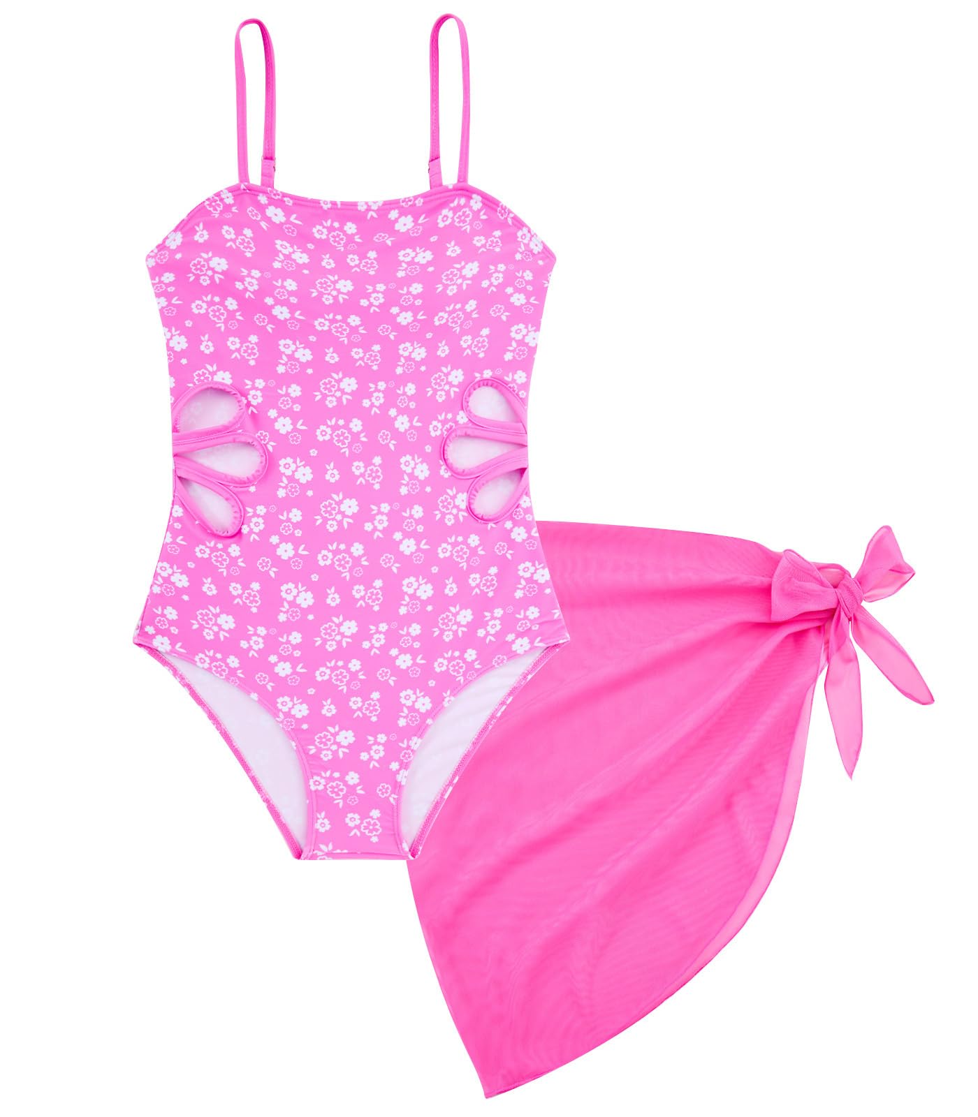 Girls Swimsuit Cut Out One Piece Bathing Suit Adjustable Straps Swimwear with Cover Up Skirt Size 9-16