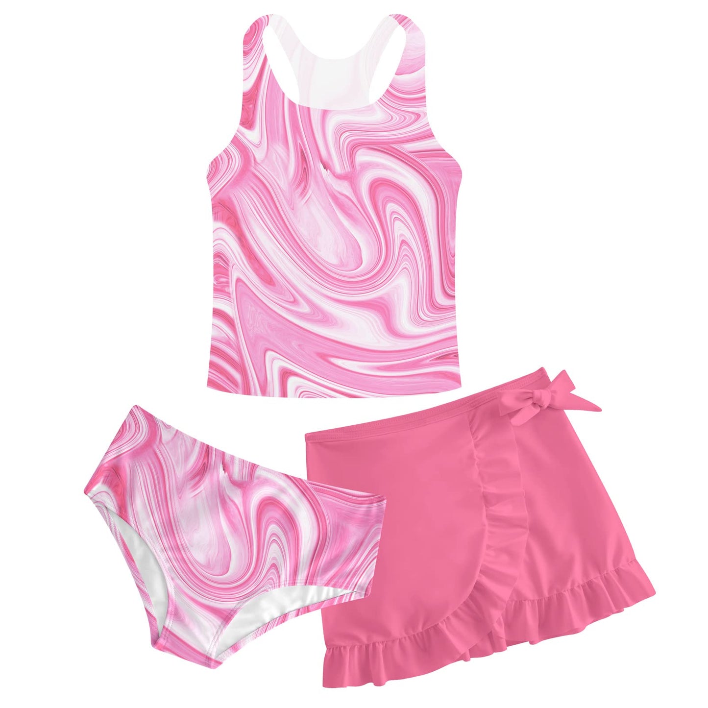 Girls Swimsuits 3 Piece Tankini Bathing Suit Set Cute Bikini Swimwear with Cover Ups Beach Skirt 5-16 Years