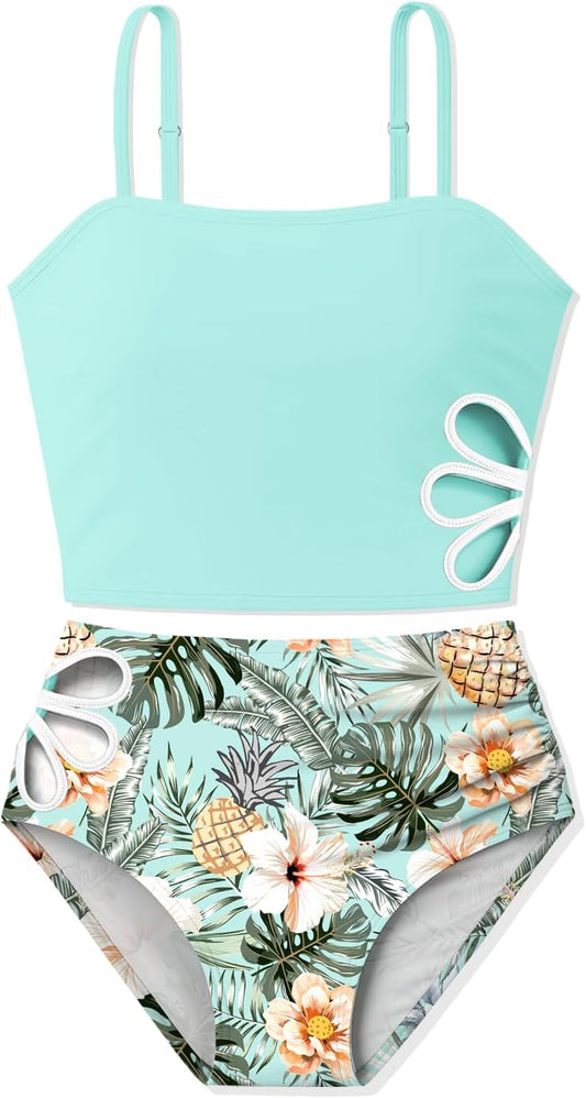 ALISISTER Girls Tankini Swimsuit 2 Piece Adjustable Strap Cut Out Bikini Sets for Girls Size 9-16