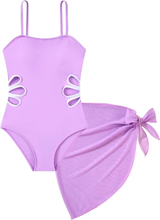 Girls Swimsuit Cut Out One Piece Bathing Suit Adjustable Straps Swimwear with Cover Up Skirt Size 9-16