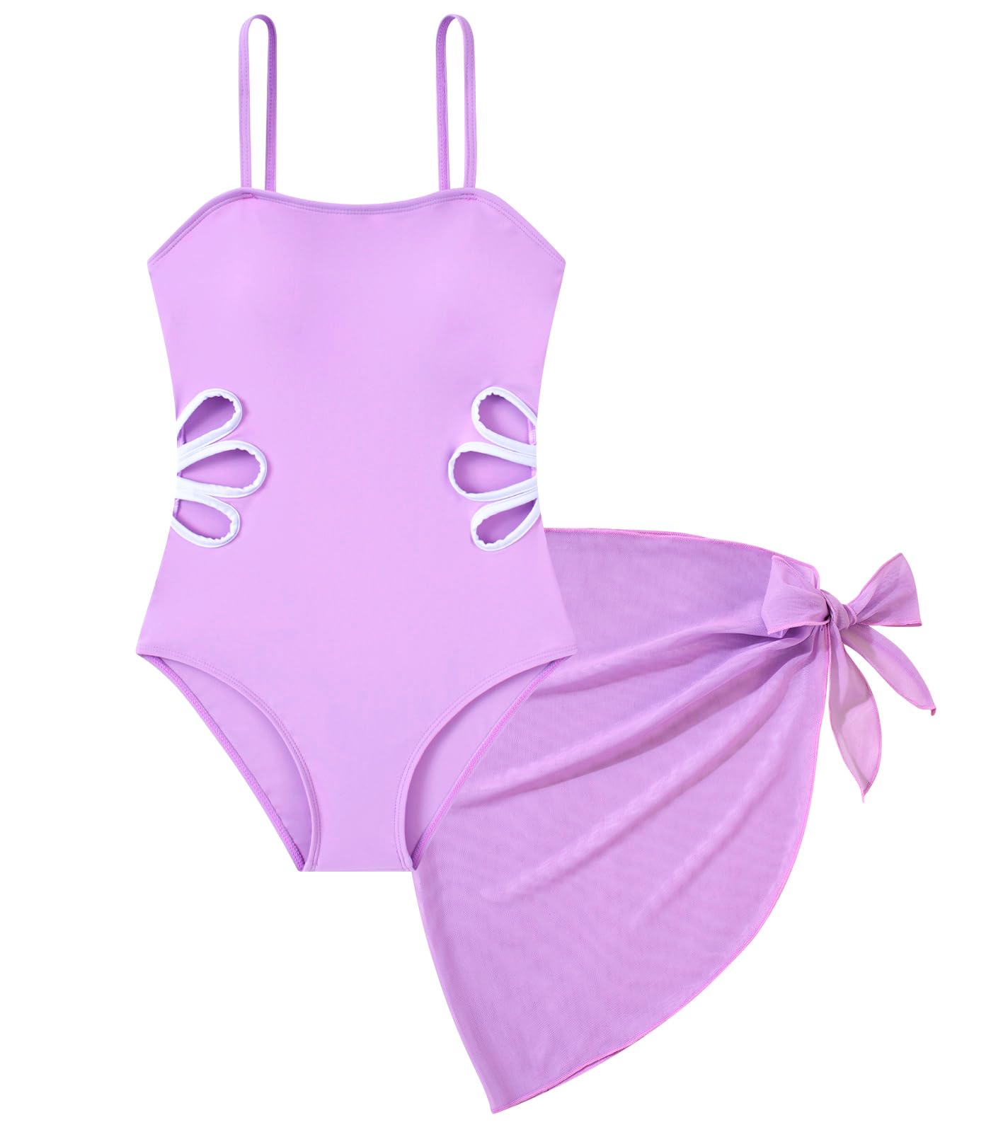 Girls Swimsuit Cut Out One Piece Bathing Suit Adjustable Straps Swimwear with Cover Up Skirt Size 9-16