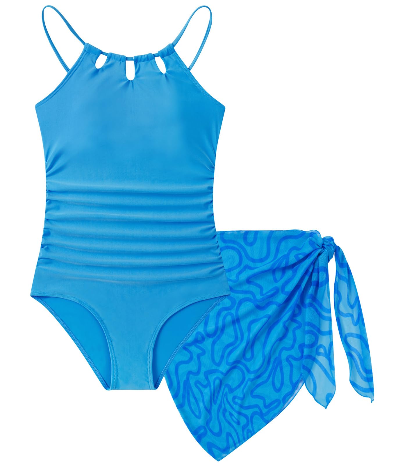 Girls Swimsuit One-Piece Bathing Suit with Mesh Cover Ups Adjustable Straps Cut Out Swimwear Size 7-16
