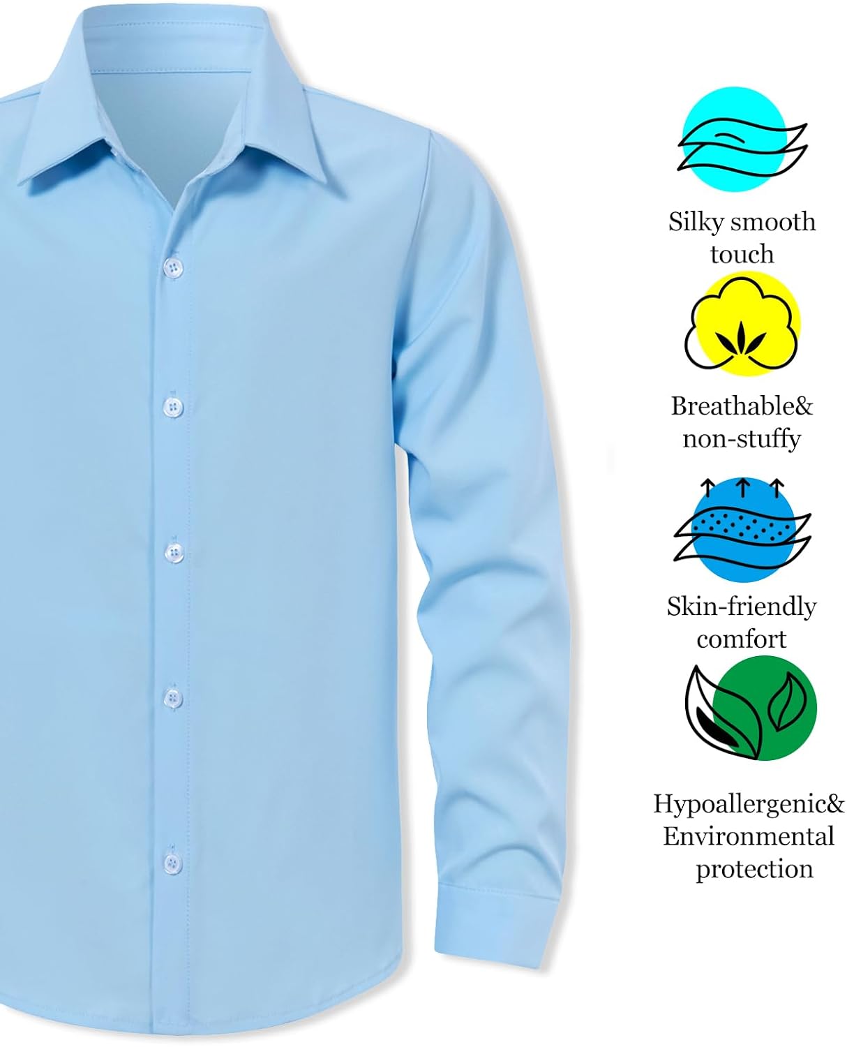 Cozople Boys Long Sleeve Dress Shirt Button Down Wrinkle-Resistant | Soft Smooth Fabric with Classic Spread Collar and Button Cuffs Ideal for School Uniform, Wedding And Formal Events