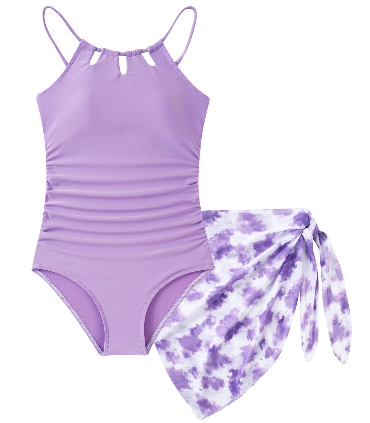 Girls Swimsuit One-Piece Bathing Suit with Mesh Cover Ups Adjustable Straps Cut Out Swimwear Size 7-16