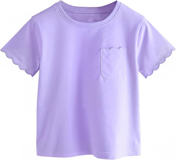Girls Scalloped Edged T-Shirts with Pocket 3-6 Years Casual Cotton Tee Tops Blouse