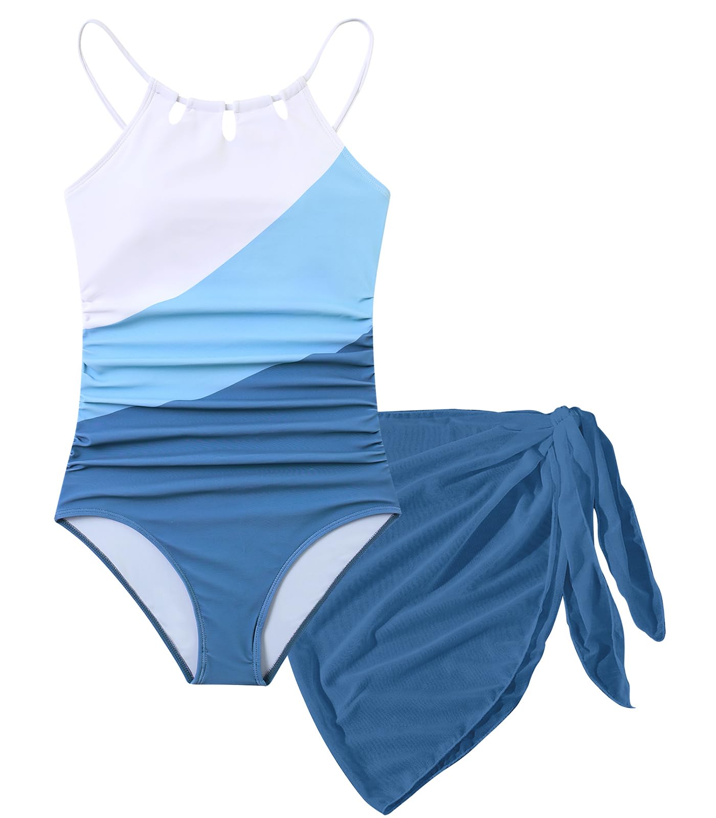 Girls Swimsuit One-Piece Bathing Suit with Mesh Cover Ups Adjustable Straps Cut Out Swimwear Size 7-16