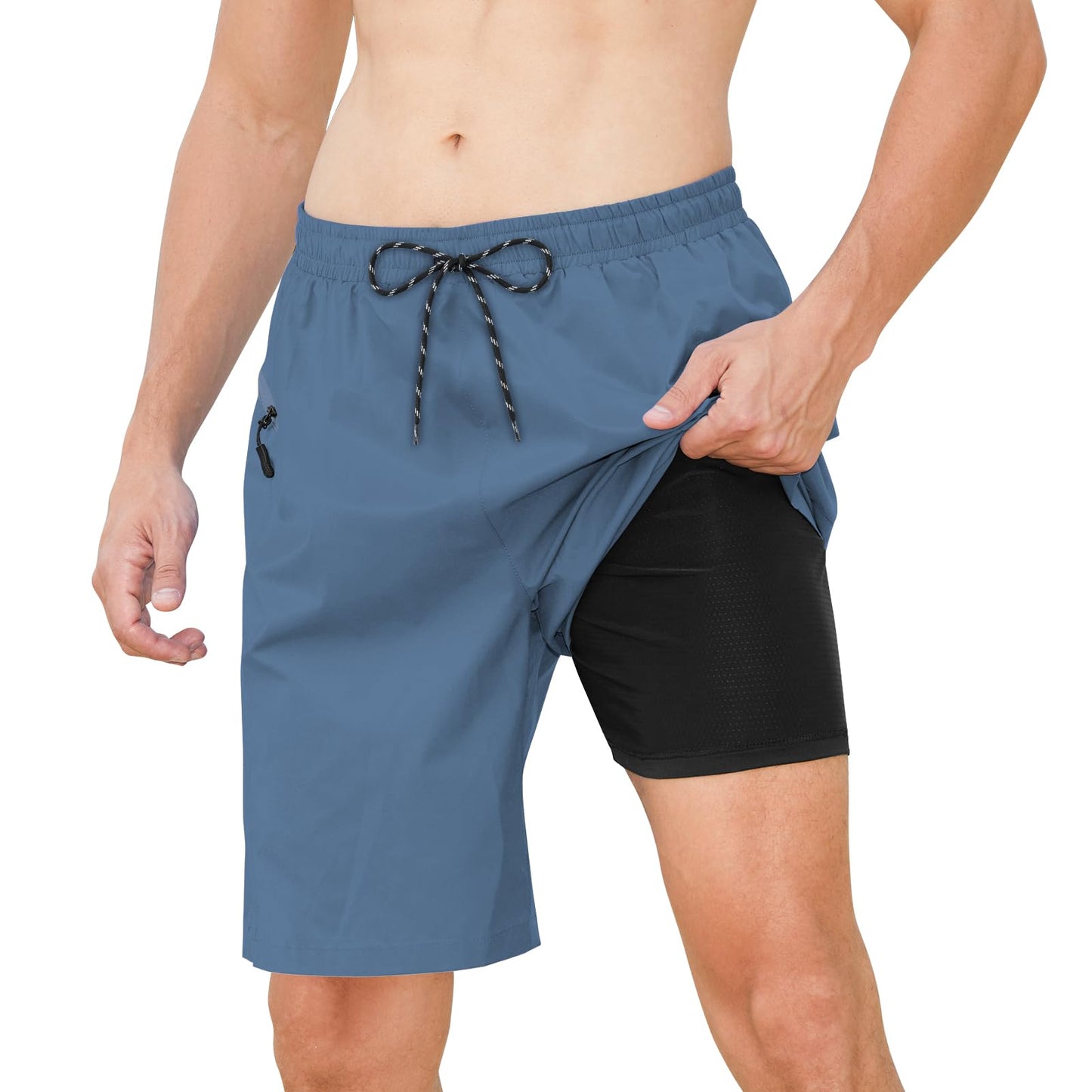 Cozople Mens Swim Trunks with Compression Liner 2-in-1 Quick Dry 9 Inch Board Shorts with Zipper Pockets