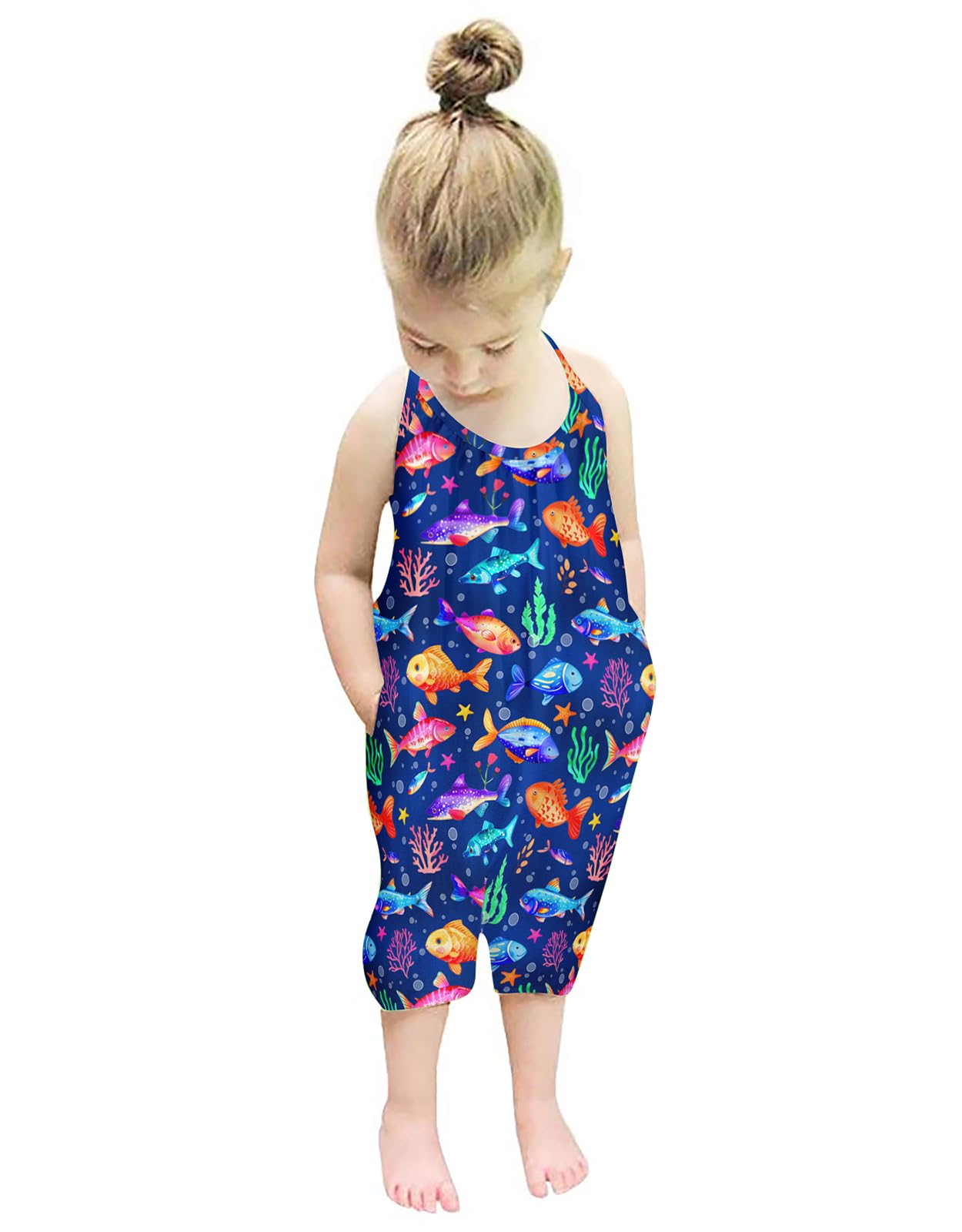 Backless Strap Slouch Jumpsuit for Toddler Girls Cute Harem Halter Romper Pants with Pockets