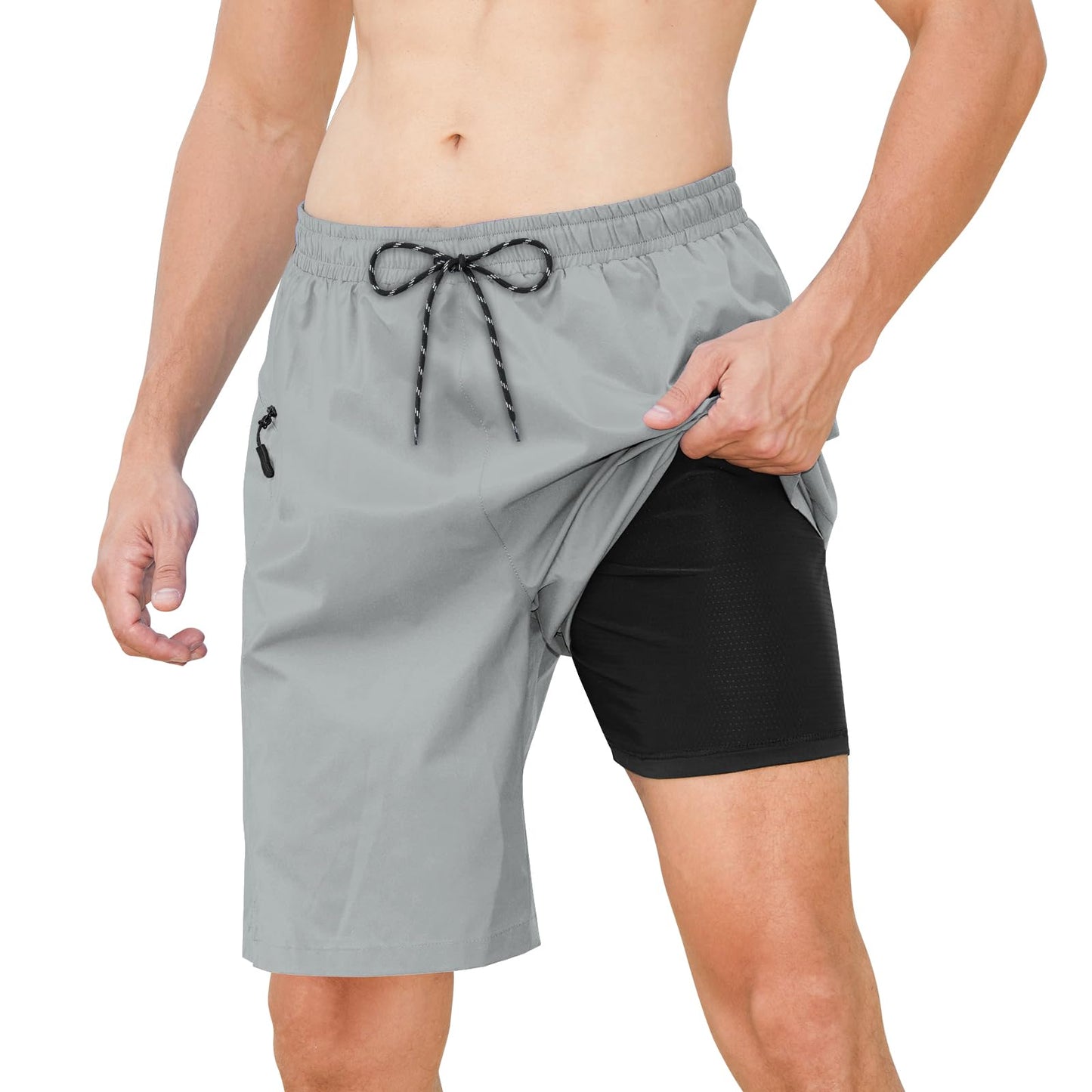 Cozople Mens Swim Trunks with Compression Liner 2-in-1 Quick Dry 9 Inch Board Shorts with Zipper Pockets