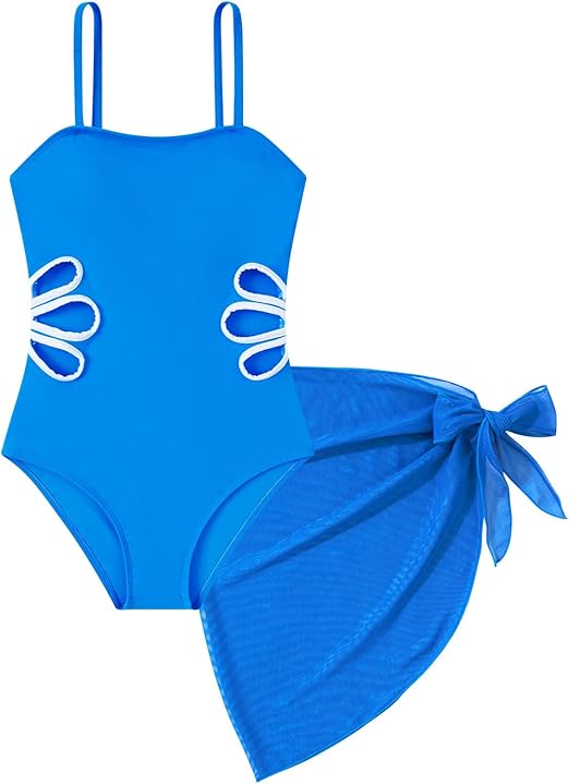 Girls Swimsuit Cut Out One Piece Bathing Suit Adjustable Straps Swimwear with Cover Up Skirt Size 9-16