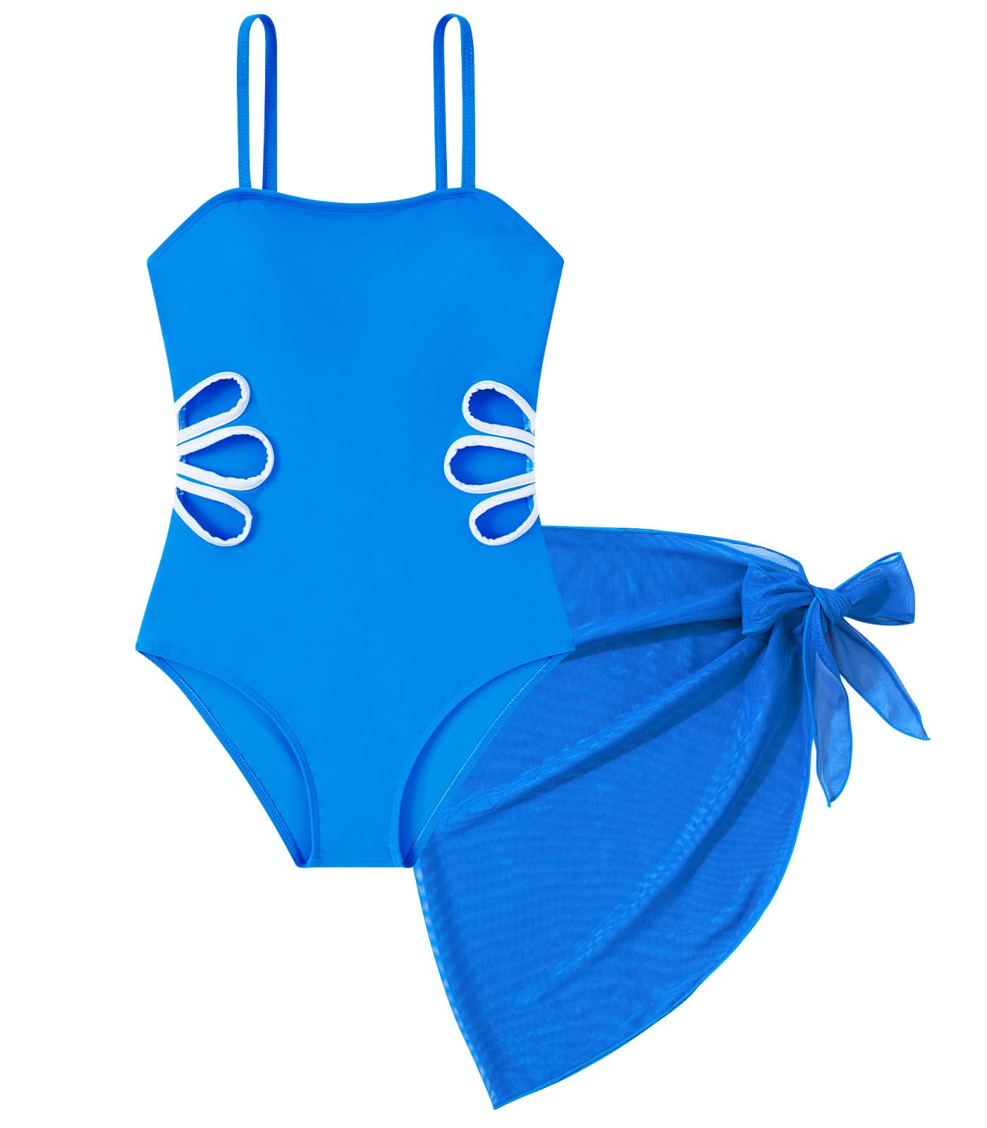 Girls Swimsuit Cut Out One Piece Bathing Suit Adjustable Straps Swimwear with Cover Up Skirt Size 9-16