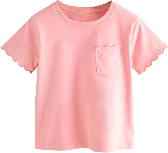 Girls Scalloped Edged T-Shirts with Pocket 3-6 Years Casual Cotton Tee Tops Blouse