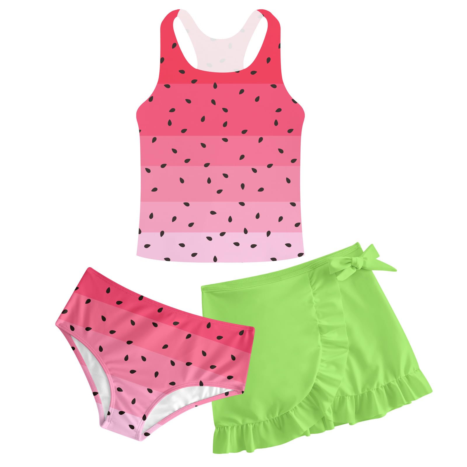 Girls Swimsuits 3 Piece Tankini Bathing Suit Set Cute Bikini Swimwear with Cover Ups Beach Skirt 5-16 Years