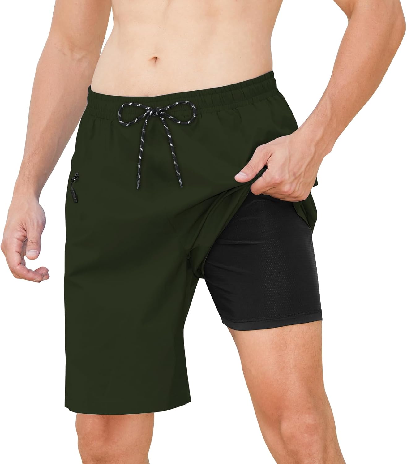 Cozople Mens Swim Trunks with Compression Liner 2-in-1 Quick Dry 9 Inch Board Shorts with Zipper Pockets