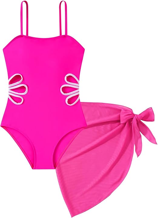 Girls Swimsuit Cut Out One Piece Bathing Suit Adjustable Straps Swimwear with Cover Up Skirt Size 9-16