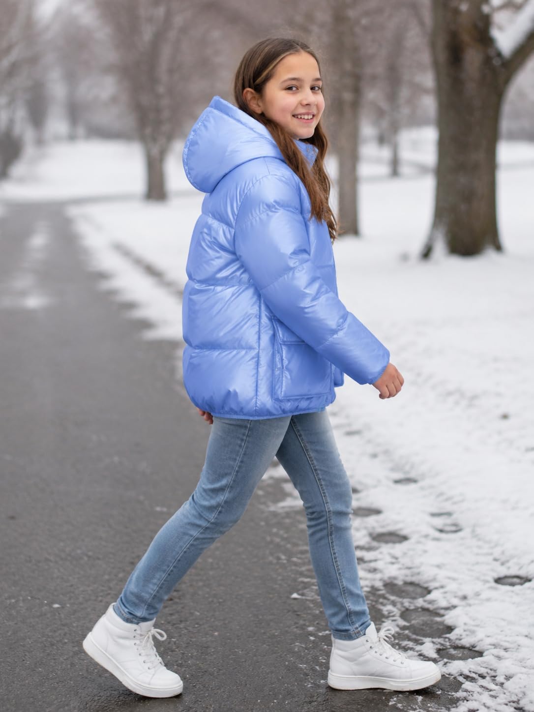 Funnycokid Girls Winter Coat Metallic Shiny Hooded Puffer Jacket 7-14Y