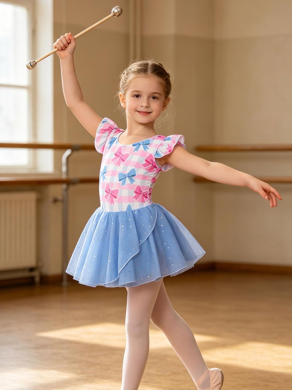 Funnycokid Girls Ruffle Sleeve Ballet Dance Leotard with Sparkly Chiffon Skirted Ballerina Outfit 2-9 Years