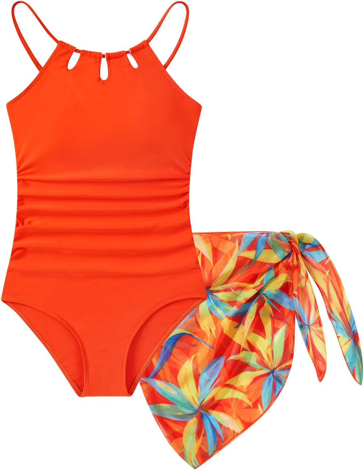 Girls Swimsuit One-Piece Bathing Suit with Mesh Cover Ups Adjustable Straps Cut Out Swimwear Size 7-16