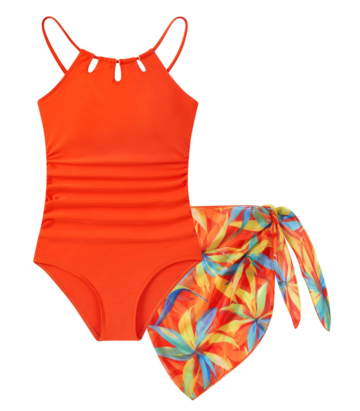 Girls Swimsuit One-Piece Bathing Suit with Mesh Cover Ups Adjustable Straps Cut Out Swimwear Size 7-16