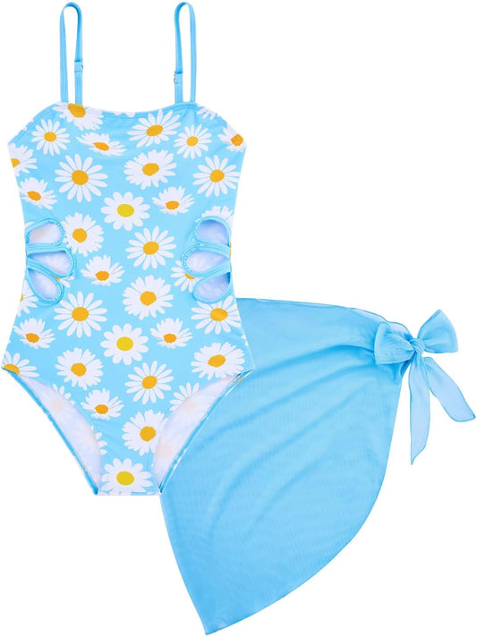 Girls Swimsuit Cut Out One Piece Bathing Suit Adjustable Straps Swimwear with Cover Up Skirt Size 9-16