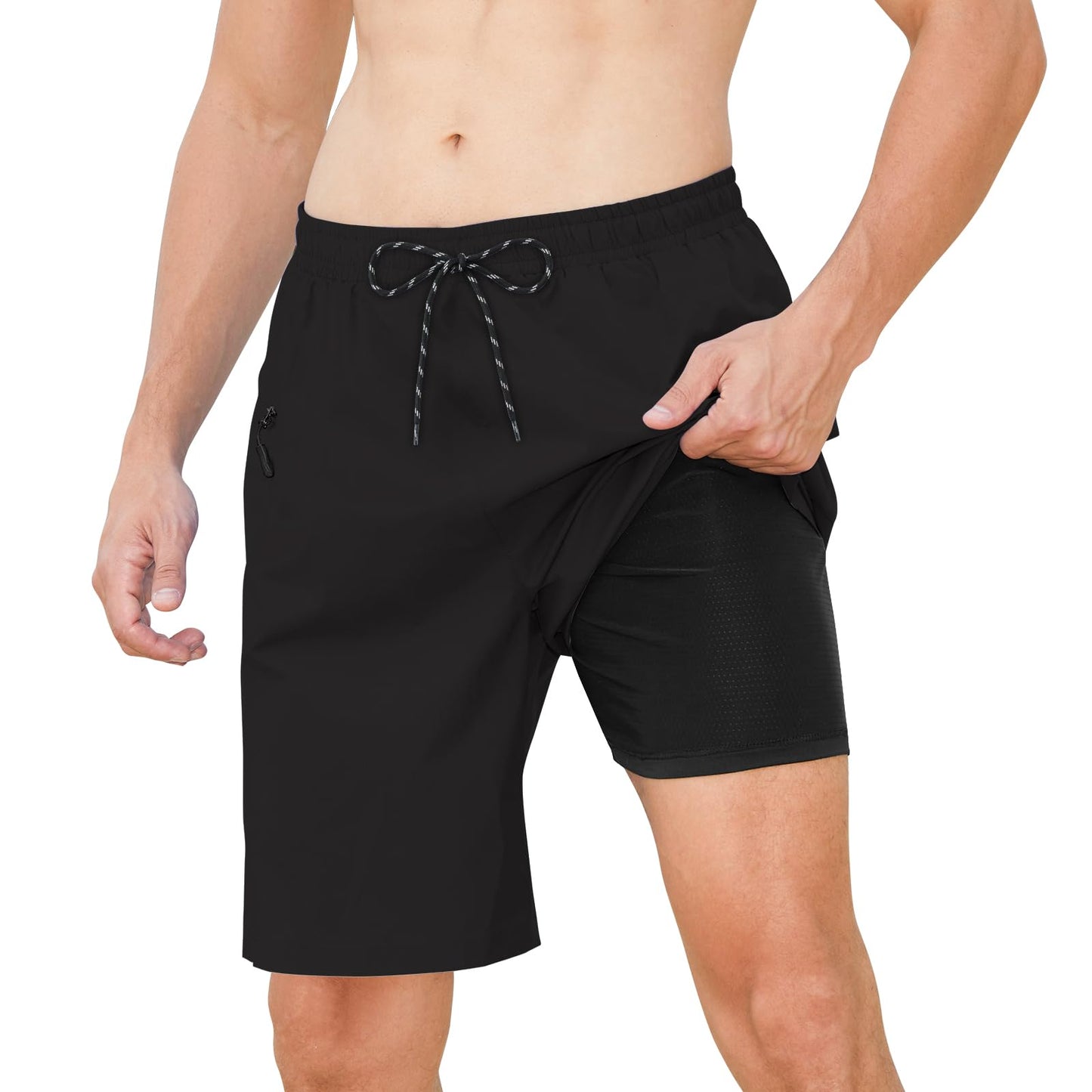 Cozople Mens Swim Trunks with Compression Liner 2-in-1 Quick Dry 9 Inch Board Shorts with Zipper Pockets
