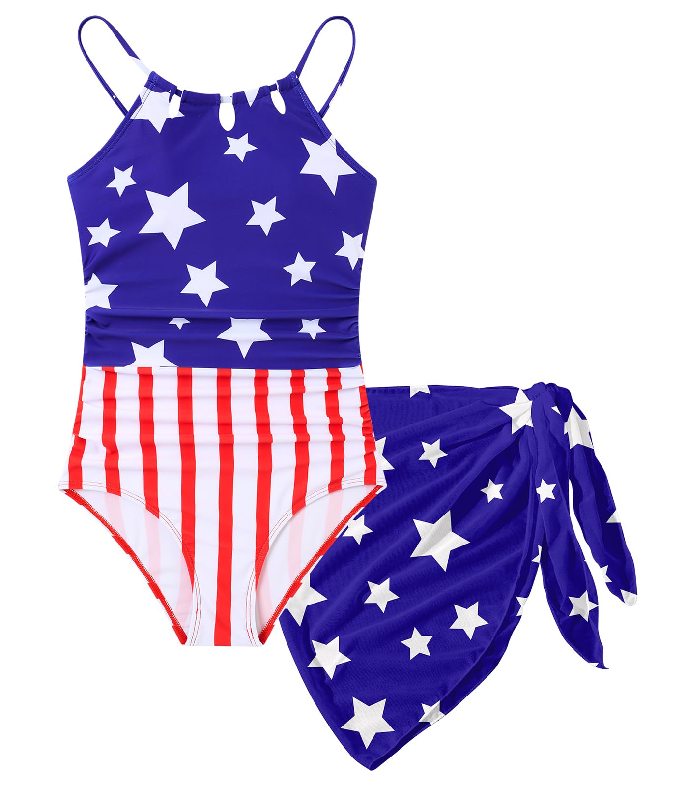 Girls Swimsuit One-Piece Bathing Suit with Mesh Cover Ups Adjustable Straps Cut Out Swimwear Size 7-16